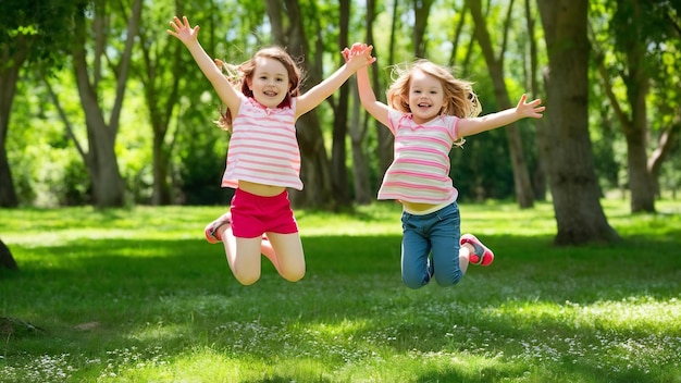 Two little girls happy jump in the nature park