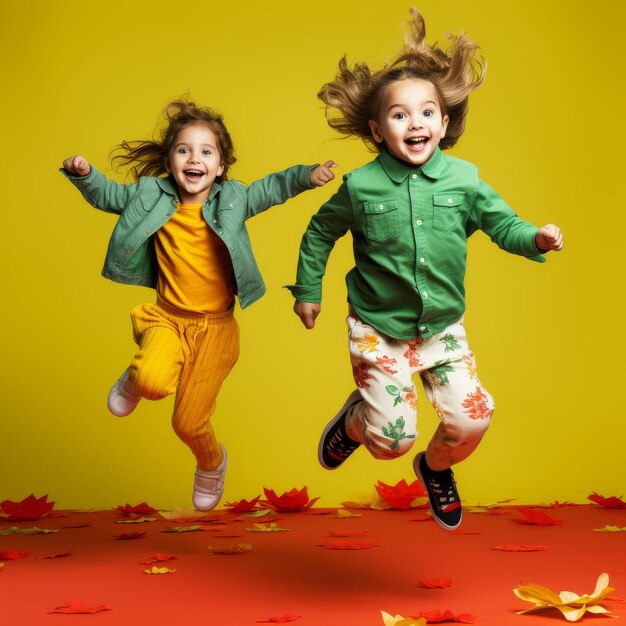 Two little girls jumping with airborne hair