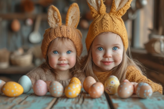 Two little girls in knitted bunny ears are sitting at the table with Easter eggs