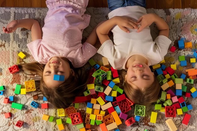 Foto due bambine sdraiate sul pavimento che giocano con i giocattoli