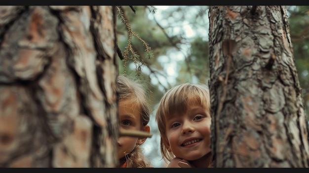 Две маленькие девочки заглядывают из-за дерева с любопытством в глазах.
