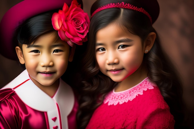 Two little girls in pink dresses and one has a flower on her head