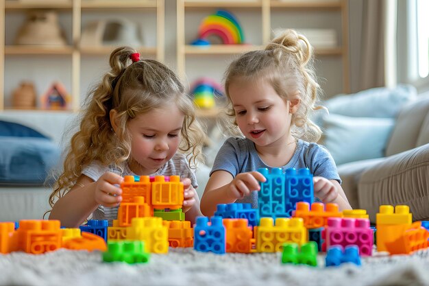 Two little girls play with colorful building blocks in the living room