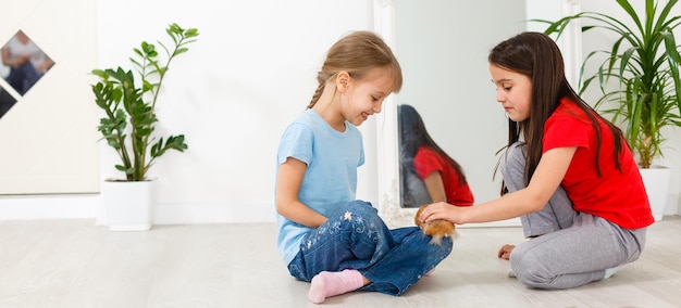 two little girls play with a hamster