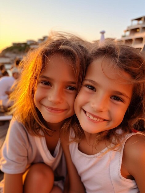 Photo two little girls pose for a picture with the sun behind them