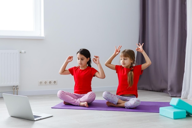 две маленькие девочки практикуют йогу, растяжку, фитнес по видео на ноутбуке. Дистанционное обучение онлайн, аэробика дома. Здоровый образ жизни, коронавирус, сиди дома. Детский спортивный домашний карантин.