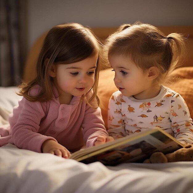 two little girls reading a book on a bed