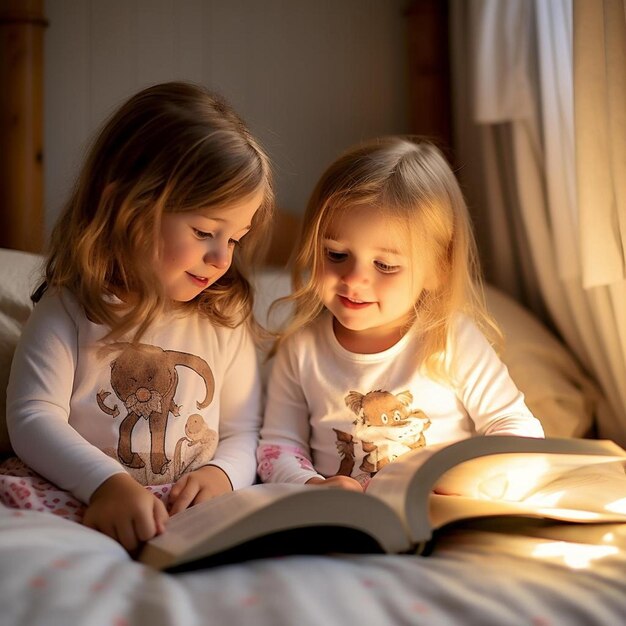 two little girls reading a book on a bed