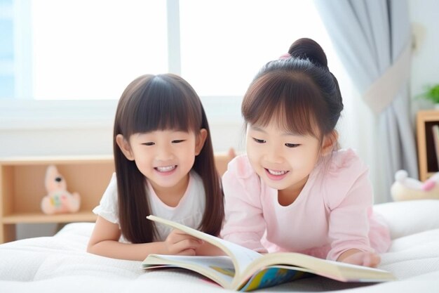 Photo two little girls reading a book on a bed