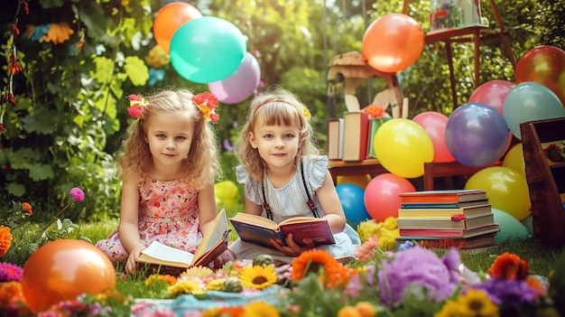 Two little girls reading books in the garden Childrens Day