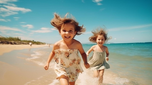 two little girls running in the water on a beach