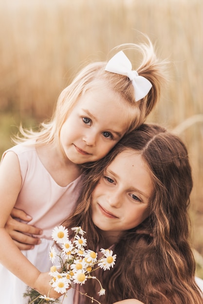 두 명의 어린 소녀 자매가 여름에 포옹하고 꽃을 모은다
