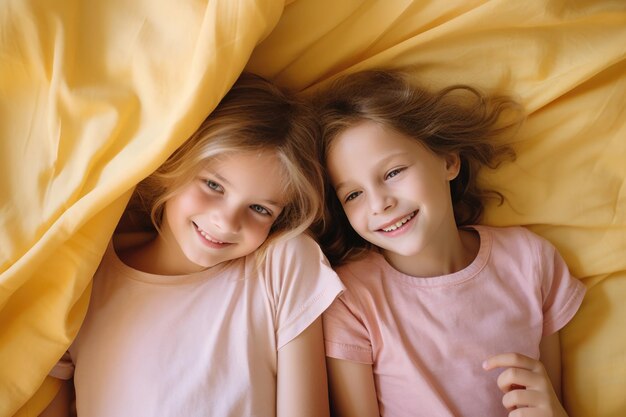 Two little girls sisters lying on the bed High quality photo