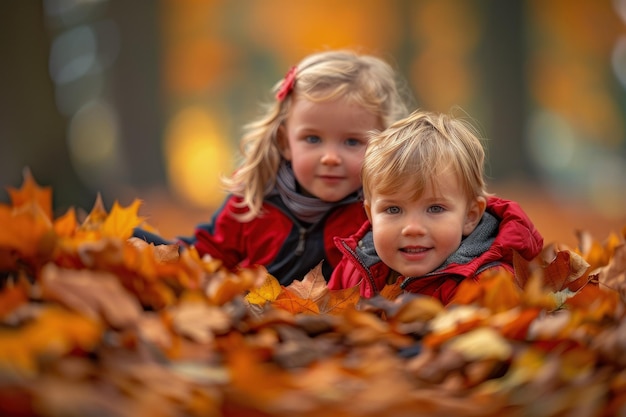 Две маленькие девочки сидят на куче листьев.