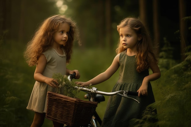 Two little girls stand on a bike and look at the camera.