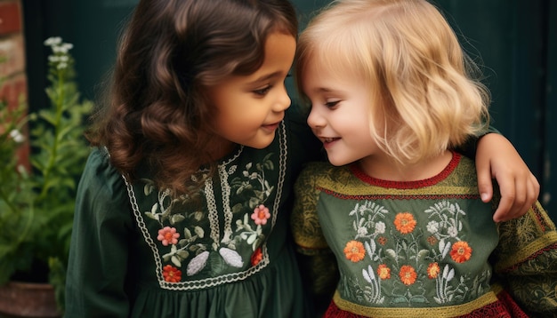 Two little girls in vintage embroidered dresses smiling and looking at each other outdoors