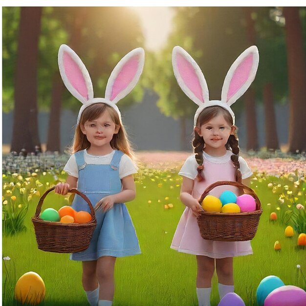 two little girls with bunny ears and a basket of eggs