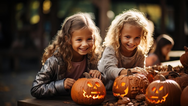 Two little girls with carved pumpkins on Halloween in the park