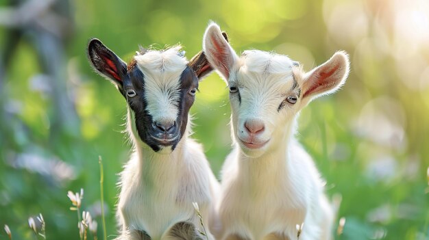Photo two little goat babies in summer farm animals generative ai