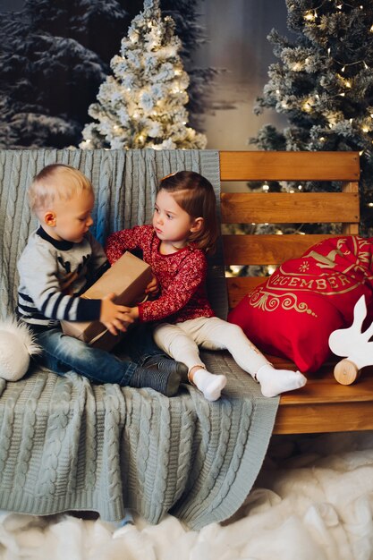 Two little kids playing with Christmas near decoration and Christmas tree