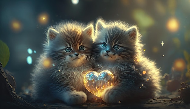 Photo two little kittens holds heart in paws on colorful lens flare background cute in love cats