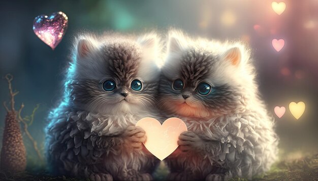 Two little kittens holds heart in paws on colorful lens flare background cute in love cats