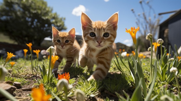 사진 두 마리의 새끼 고양이가 카메라를 향해 달려갑니다.