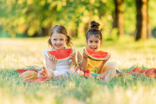 Two little mixed race kids sitting for picnic and eating piece of watermelon fruit in outdoor garden