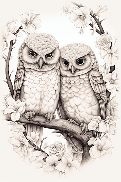 two little owl love coloring page line art