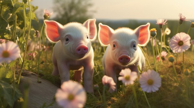 Two little pigs standing in a field of flowers