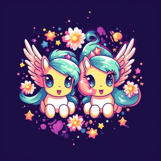 two little pony with wings and flowers on a dark background generative ai