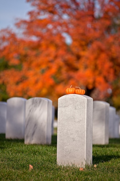 Photo two little pumpkins on top of a gravestone at arlington national cemetery in autumn