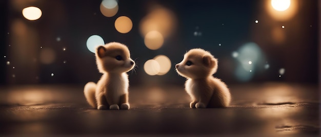 two little pups sit on a table, one of them has a blurry background with a blurry light in the background.