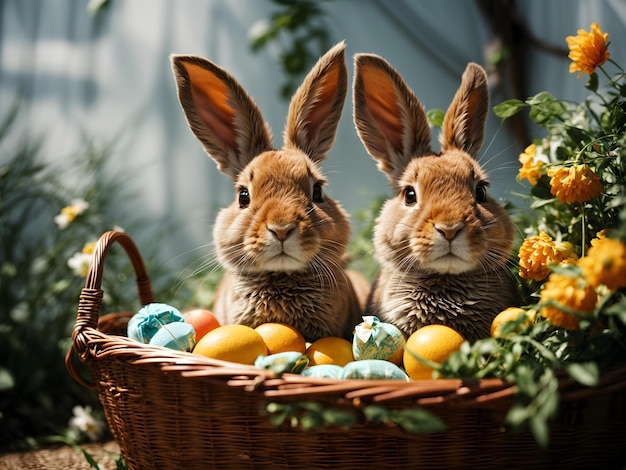 Two Little Rabbits in a Summer Basket