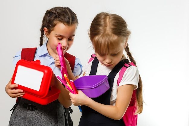 Two little schoolgirls. Education, fashion, friendship concept.