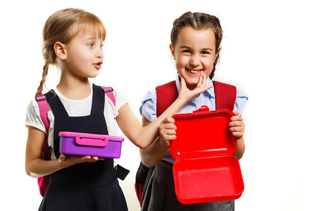 Two little schoolgirls. Education, fashion, friendship concept.