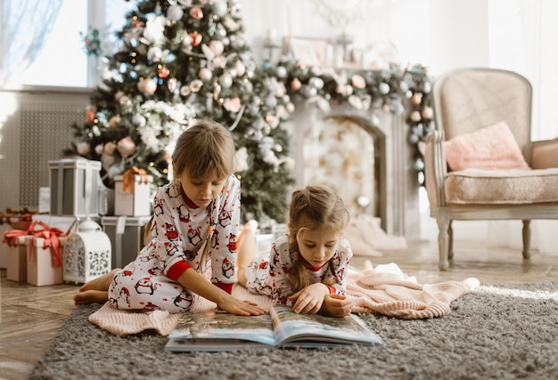 写真 二人の妹がじゅうたんの上に座って、お正月の木の近くでプレゼントを持って本を読みます