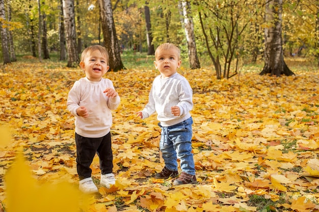 Two little toddlers laugh under the falling autumn leaves adorable kids in autumn park