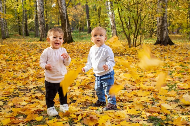 Two little toddlers laugh under the falling autumn leaves adorable kids in autumn park