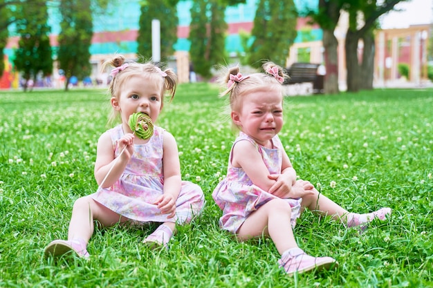 two little twin girls did not share the candy