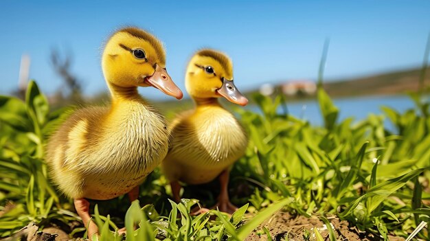 two little yellow goslings stand among green grass in a meadow on a sunny day with a clear blue sky