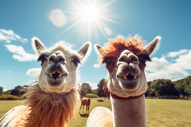 Photo two llamas enjoying a sunny day