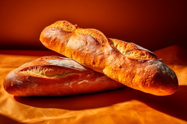 Two loaves of bread on brown background