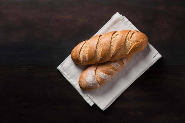 Two loaves of bread on a napkin on a dark background