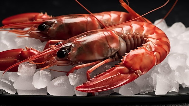 Two lobsters on ice on a black background