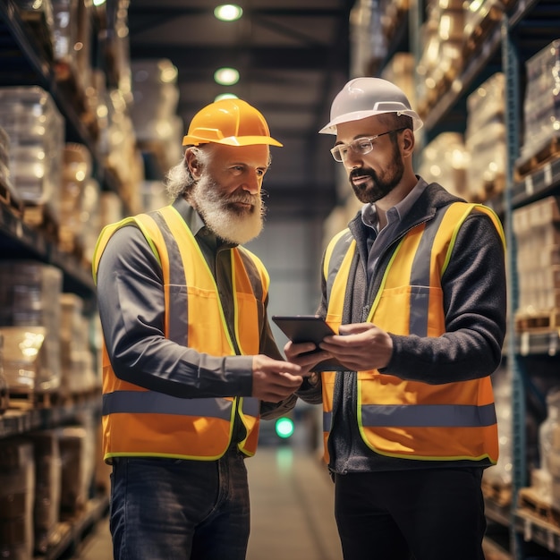 Two logistics workers having a discussion while working smart warehousing technology Generative ai