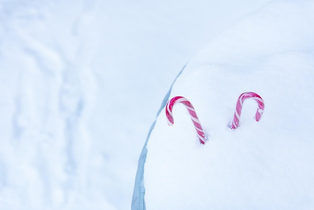 写真 ぼんやりした冬の風景を背景に雪の流れから突き出した2つのロリポップ