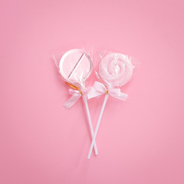 Photo two lollipops with white frosting and a pink bow.