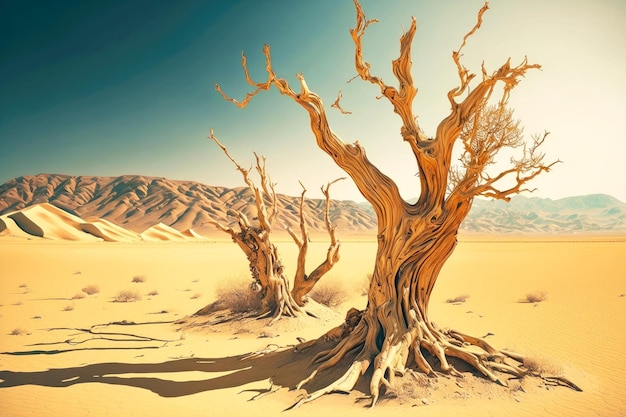 Two lonely driedup trees in yellow desert against backdrop of rocks