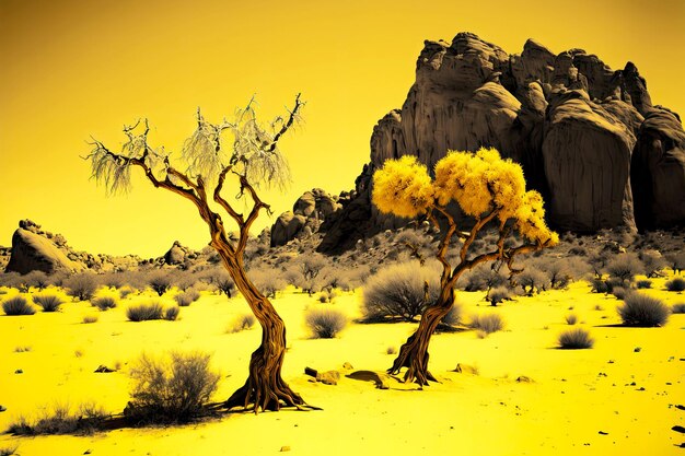 Two lonely driedup trees in yellow desert against backdrop of rocks